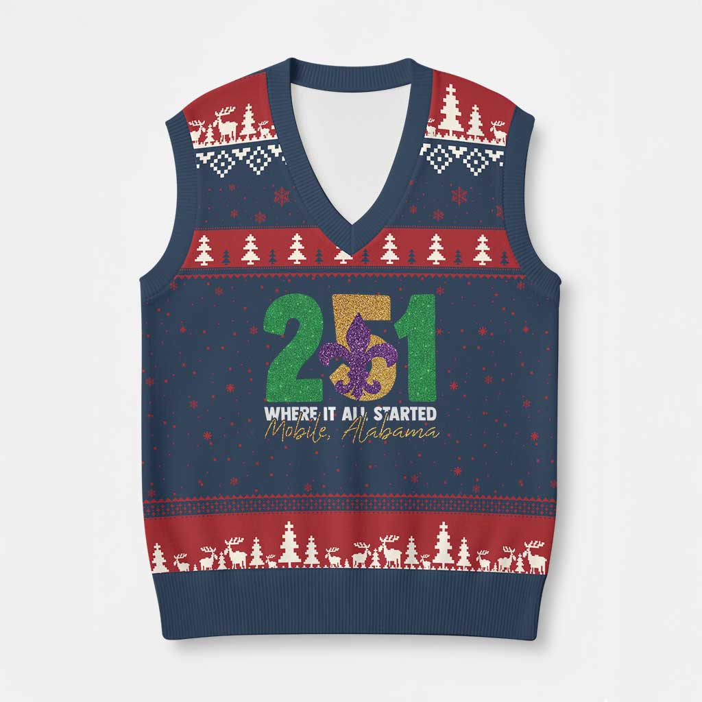 Funny Mardi Gras Mobile Alabama 251 V-Neck Knit Sweater Vest Where It All Started Area Code Glitter Print TS11 Navy Red Print Your Wear