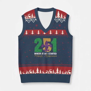 Funny Mardi Gras Mobile Alabama 251 V-Neck Knit Sweater Vest Where It All Started Area Code Glitter Print TS11 Navy Red Print Your Wear