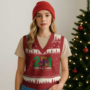 Funny Mardi Gras Mobile Alabama 251 V-Neck Knit Sweater Vest Where It All Started Area Code Glitter Print TS11 Red Beige Print Your Wear