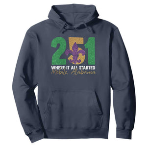 Funny Mardi Gras Mobile Alabama 251 Hoodie Where It All Started Area Code Glitter Print TS11 Navy Print Your Wear