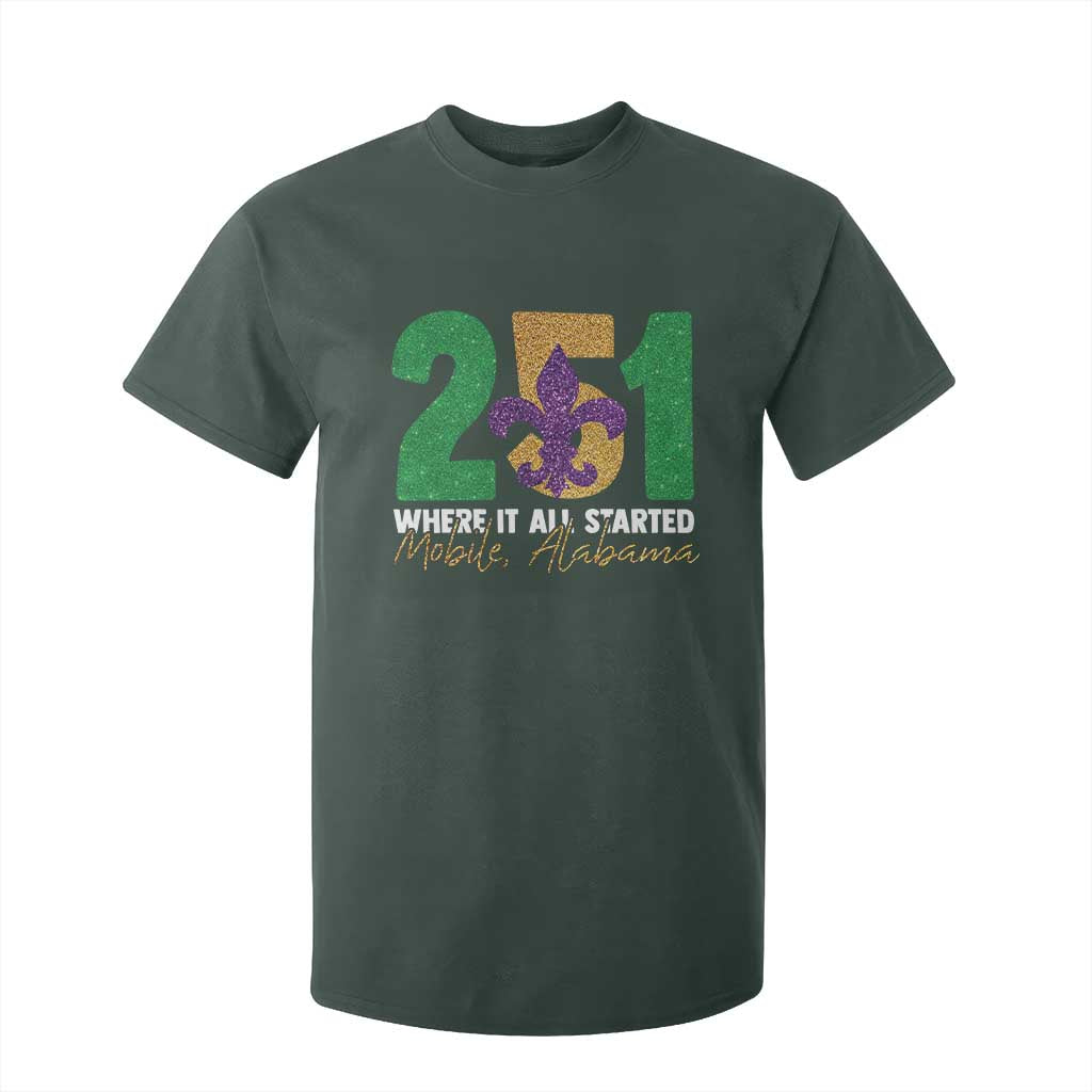 Funny Mardi Gras Mobile Alabama 251 T Shirt For Kid Where It All Started Area Code Glitter Print TS11 Dark Forest Green Print Your Wear
