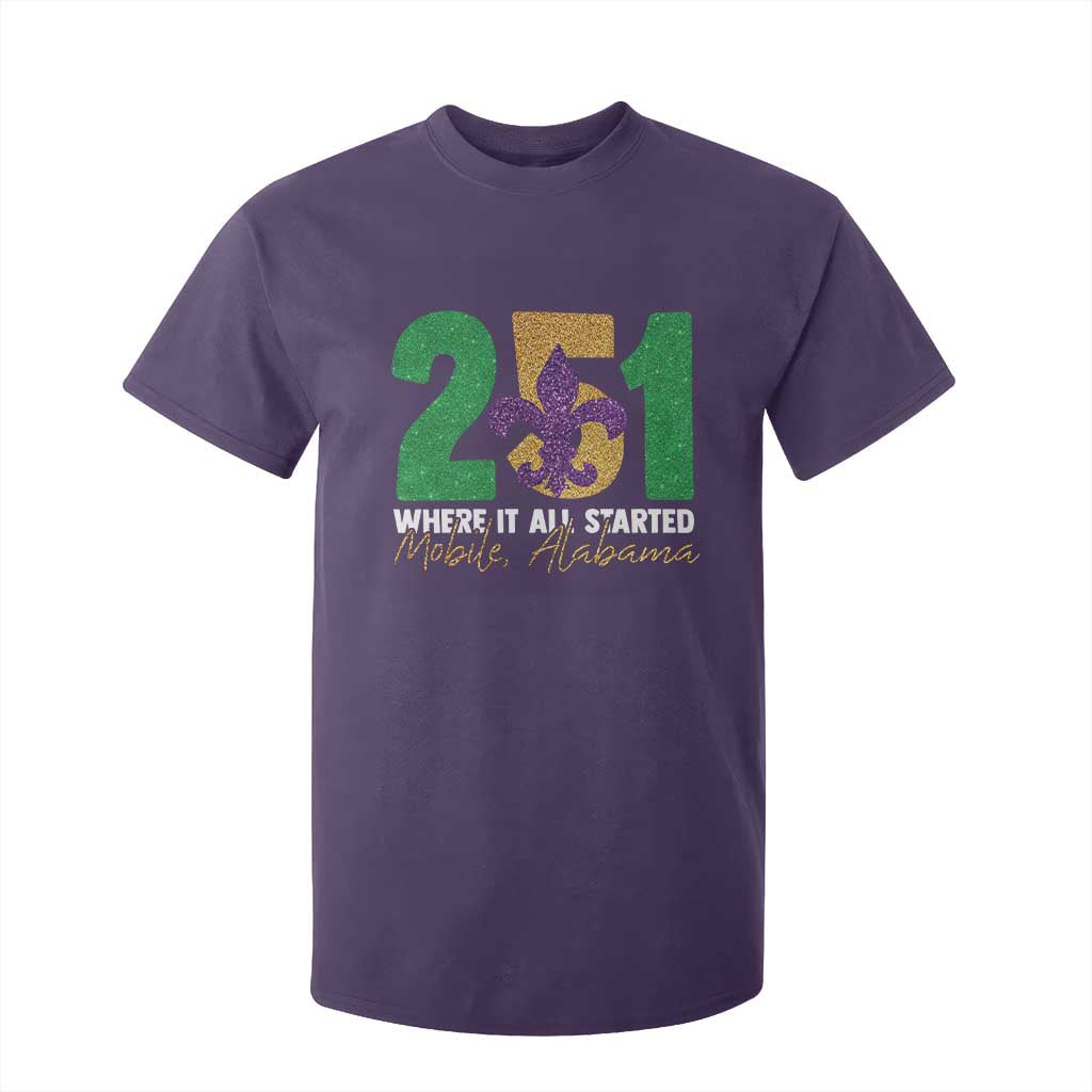 Funny Mardi Gras Mobile Alabama 251 T Shirt For Kid Where It All Started Area Code Glitter Print TS11 Purple Print Your Wear
