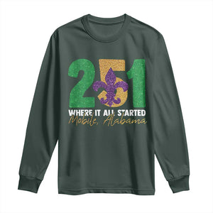 Funny Mardi Gras Mobile Alabama 251 Long Sleeve Shirt Where It All Started Area Code Glitter Print TS11 Dark Forest Green Print Your Wear