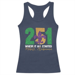 Funny Mardi Gras Mobile Alabama 251 Racerback Tank Top Where It All Started Area Code Glitter Print TS11 Navy Print Your Wear