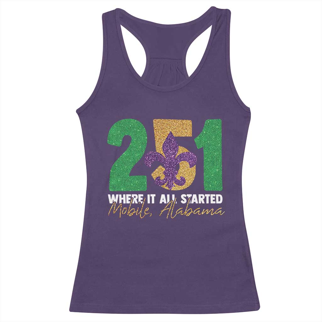 Funny Mardi Gras Mobile Alabama 251 Racerback Tank Top Where It All Started Area Code Glitter Print TS11 Purple Print Your Wear