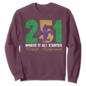 Funny Mardi Gras Mobile Alabama 251 Sweatshirt Where It All Started Area Code Glitter Print TS11 Maroon Print Your Wear