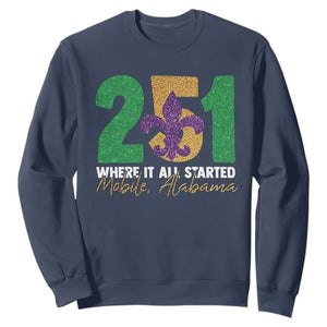 Funny Mardi Gras Mobile Alabama 251 Sweatshirt Where It All Started Area Code Glitter Print TS11 Navy Print Your Wear