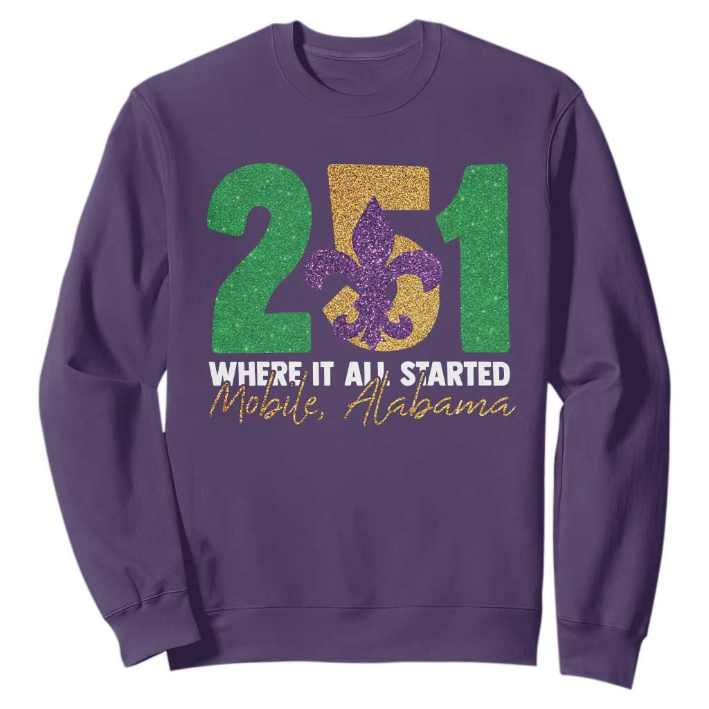 Funny Mardi Gras Mobile Alabama 251 Sweatshirt Where It All Started Area Code Glitter Print TS11 Purple Print Your Wear