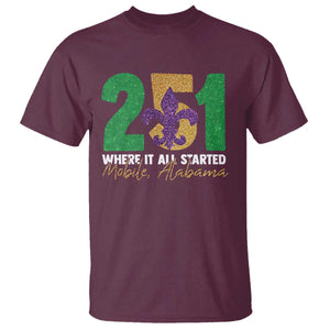 Funny Mardi Gras Mobile Alabama 251 T Shirt Where It All Started Area Code Glitter Print TS11 Maroon Print Your Wear