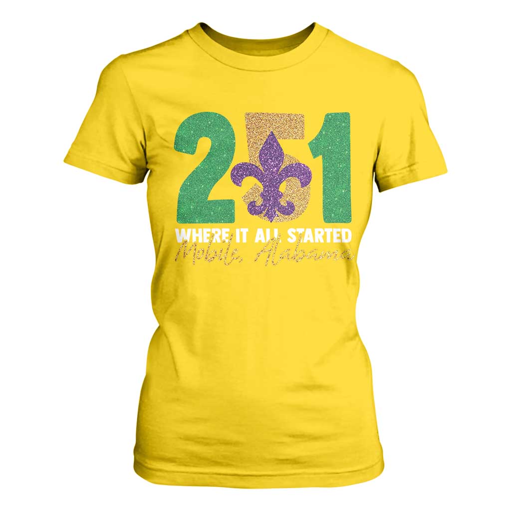 Funny Mardi Gras Mobile Alabama 251 T Shirt For Women Where It All Started Area Code Glitter Print TS11 Daisy Print Your Wear