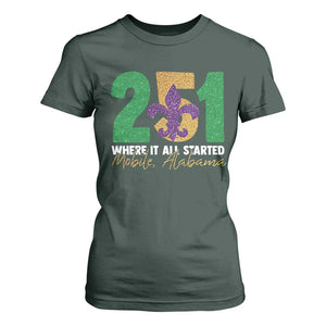 Funny Mardi Gras Mobile Alabama 251 T Shirt For Women Where It All Started Area Code Glitter Print TS11 Dark Forest Green Print Your Wear