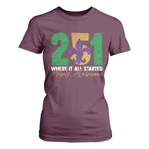 Funny Mardi Gras Mobile Alabama 251 T Shirt For Women Where It All Started Area Code Glitter Print TS11 Maroon Print Your Wear