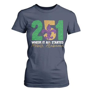Funny Mardi Gras Mobile Alabama 251 T Shirt For Women Where It All Started Area Code Glitter Print TS11 Navy Print Your Wear