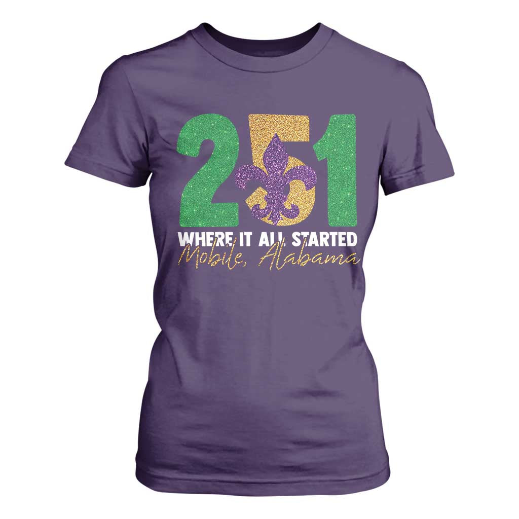Funny Mardi Gras Mobile Alabama 251 T Shirt For Women Where It All Started Area Code Glitter Print TS11 Purple Print Your Wear