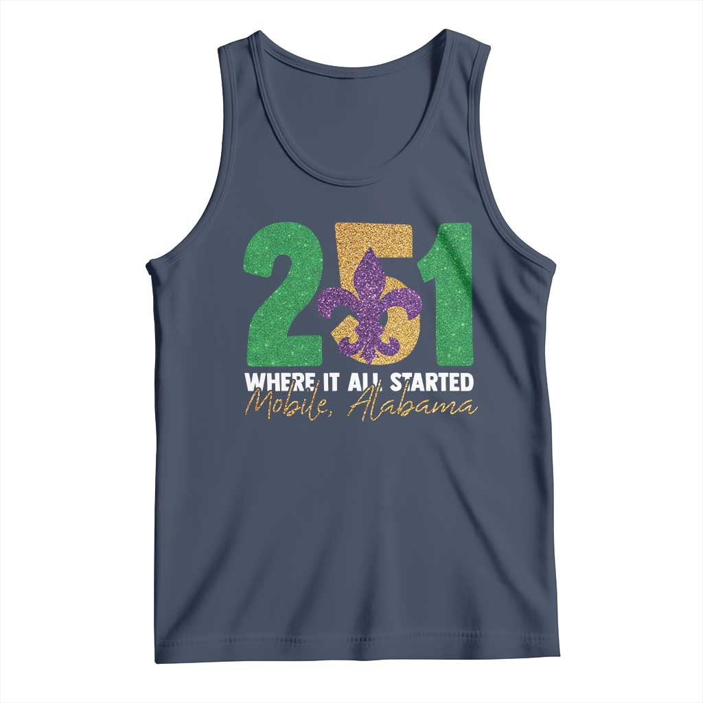 Funny Mardi Gras Mobile Alabama 251 Tank Top Where It All Started Area Code Glitter Print TS11 Navy Print Your Wear