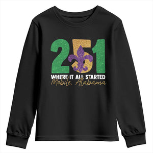 Funny Mardi Gras Mobile Alabama 251 Youth Sweatshirt Where It All Started Area Code Glitter Print TS11 Black Print Your Wear