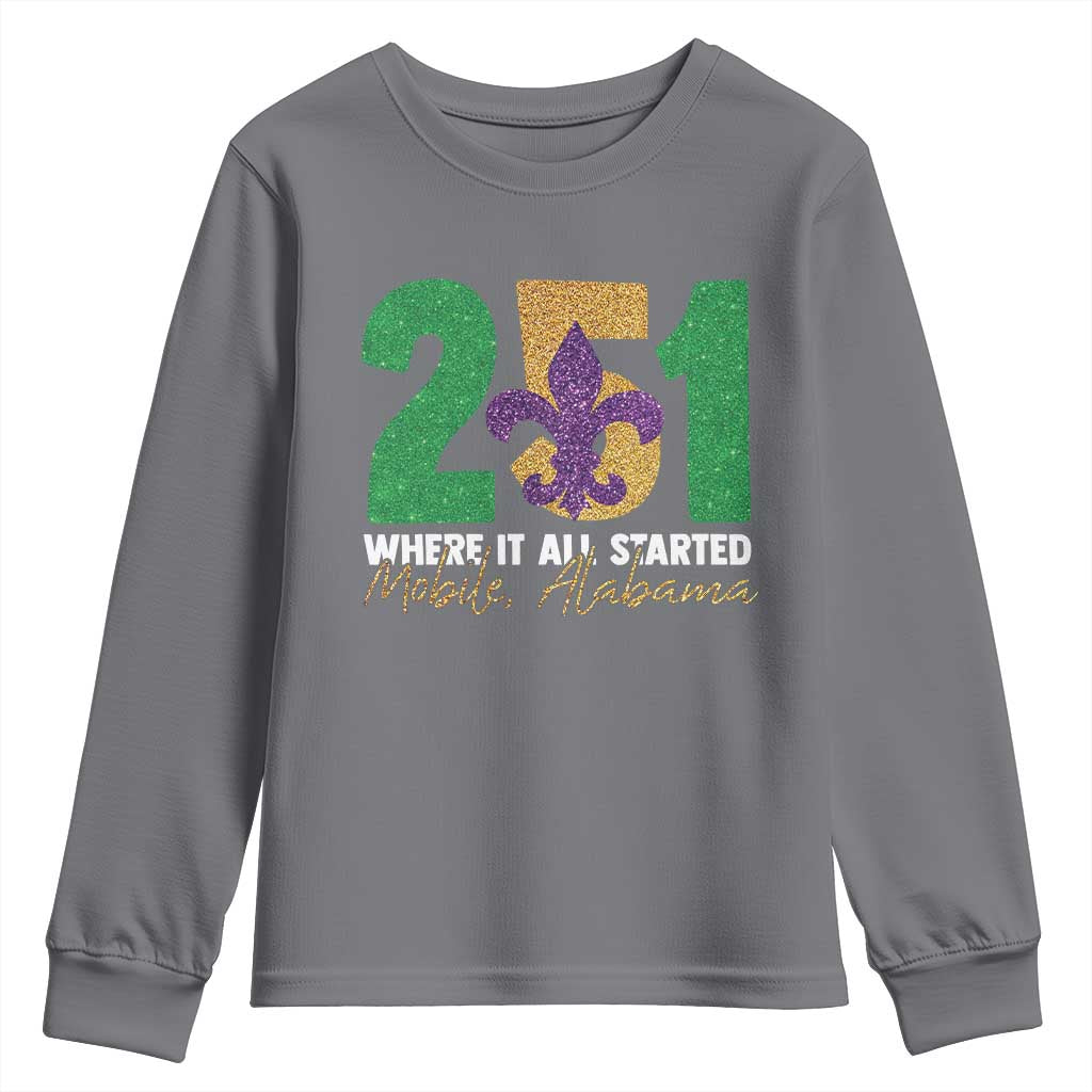 Funny Mardi Gras Mobile Alabama 251 Youth Sweatshirt Where It All Started Area Code Glitter Print TS11 Charcoal Print Your Wear