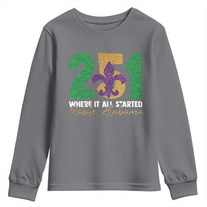 Funny Mardi Gras Mobile Alabama 251 Youth Sweatshirt Where It All Started Area Code Glitter Print TS11 Charcoal Print Your Wear