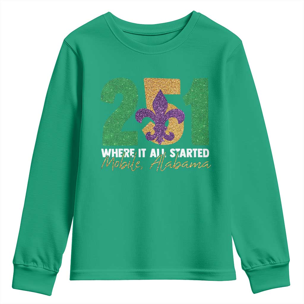 Funny Mardi Gras Mobile Alabama 251 Youth Sweatshirt Where It All Started Area Code Glitter Print TS11 Irish Green Print Your Wear