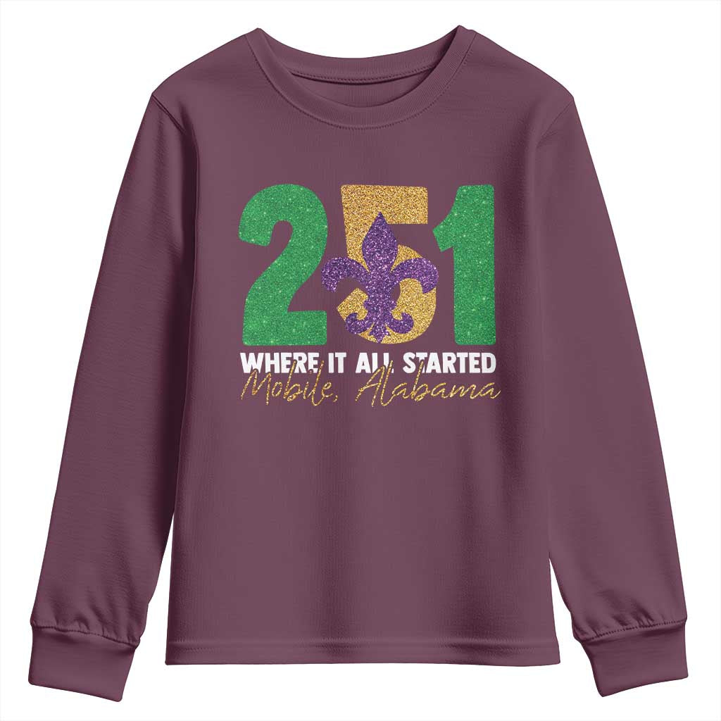 Funny Mardi Gras Mobile Alabama 251 Youth Sweatshirt Where It All Started Area Code Glitter Print TS11 Maroon Print Your Wear