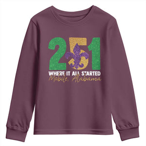 Funny Mardi Gras Mobile Alabama 251 Youth Sweatshirt Where It All Started Area Code Glitter Print TS11 Maroon Print Your Wear
