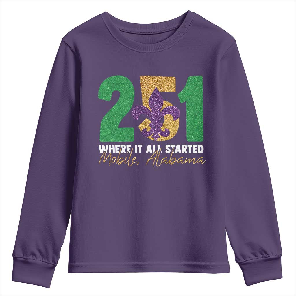 Funny Mardi Gras Mobile Alabama 251 Youth Sweatshirt Where It All Started Area Code Glitter Print TS11 Purple Print Your Wear