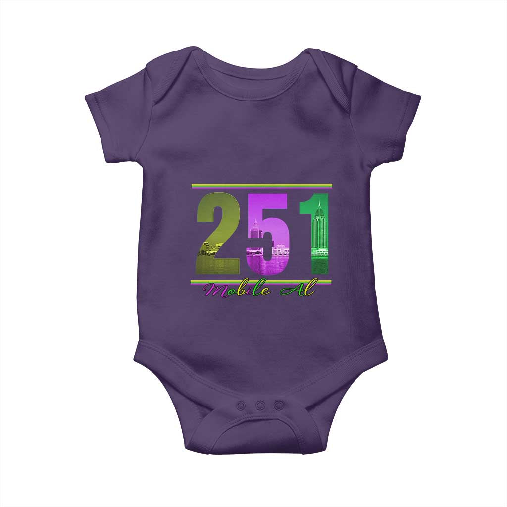 Funny Mardi Gras In Mobile Alabama 251 Baby Onesie Skyline Area Code TS11 Purple Print Your Wear