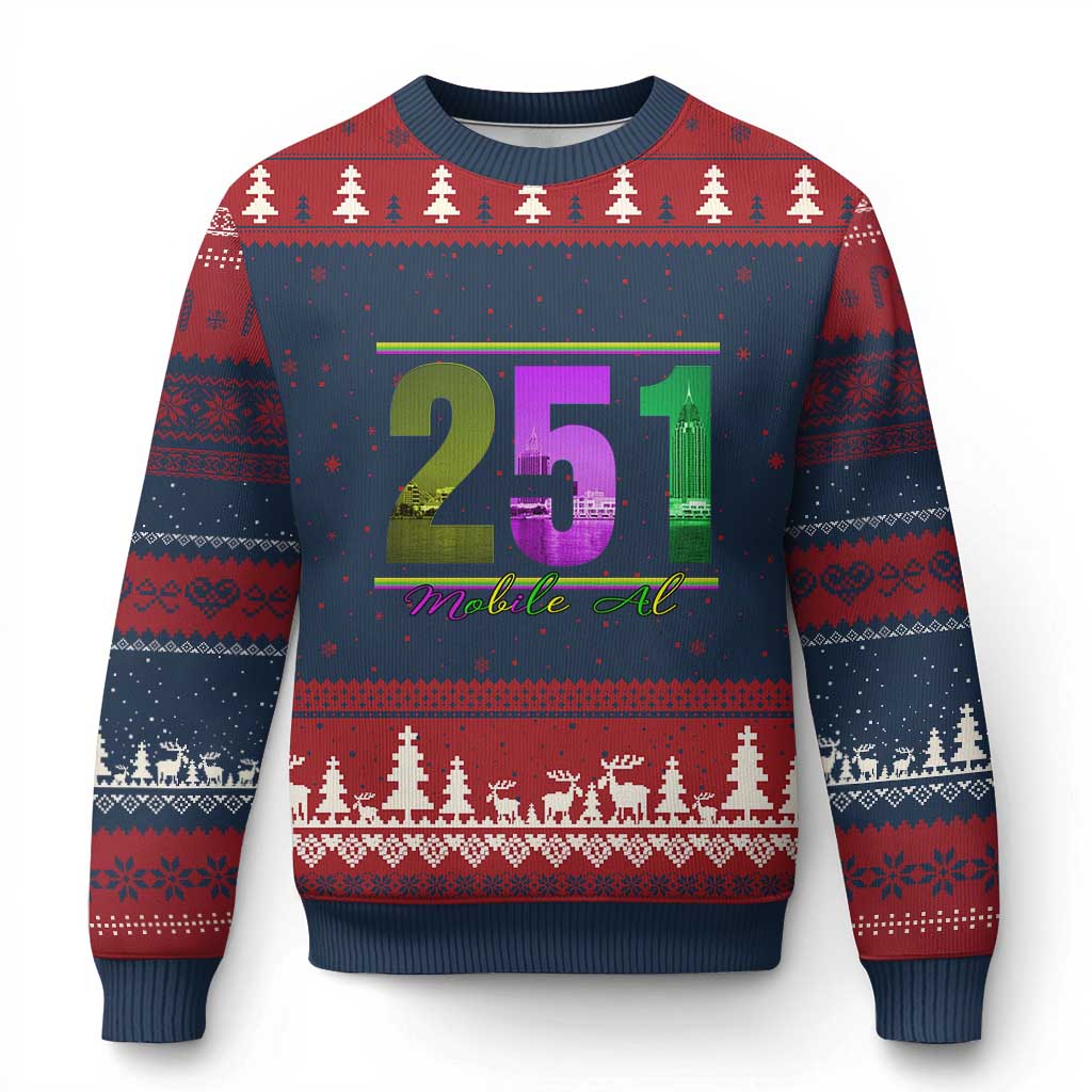 Funny Mardi Gras In Mobile Alabama 251 Ugly Christmas Sweater Skyline Area Code TS11 Navy Red Print Your Wear
