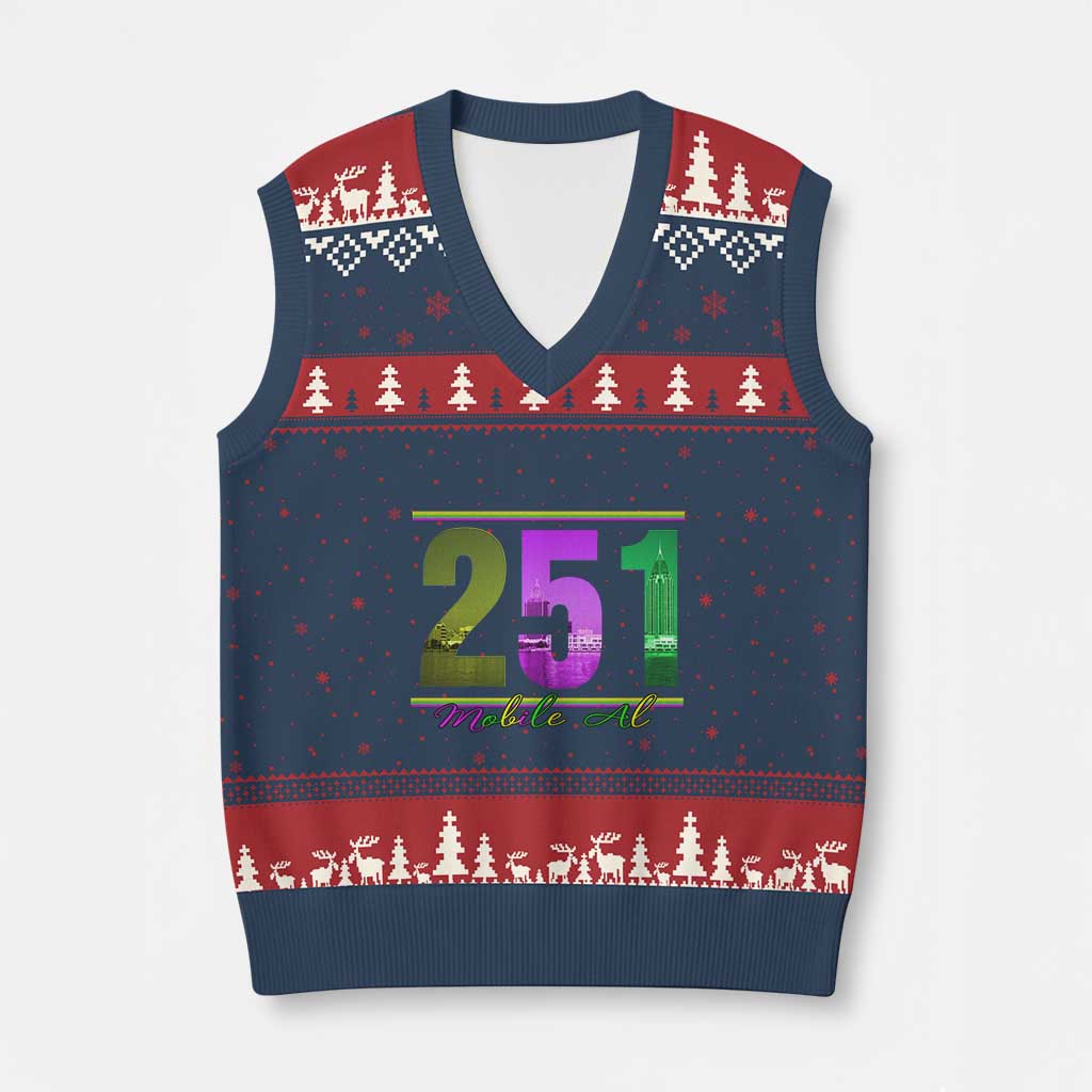 Funny Mardi Gras In Mobile Alabama 251 V-Neck Knit Sweater Vest Skyline Area Code TS11 Navy Red Print Your Wear