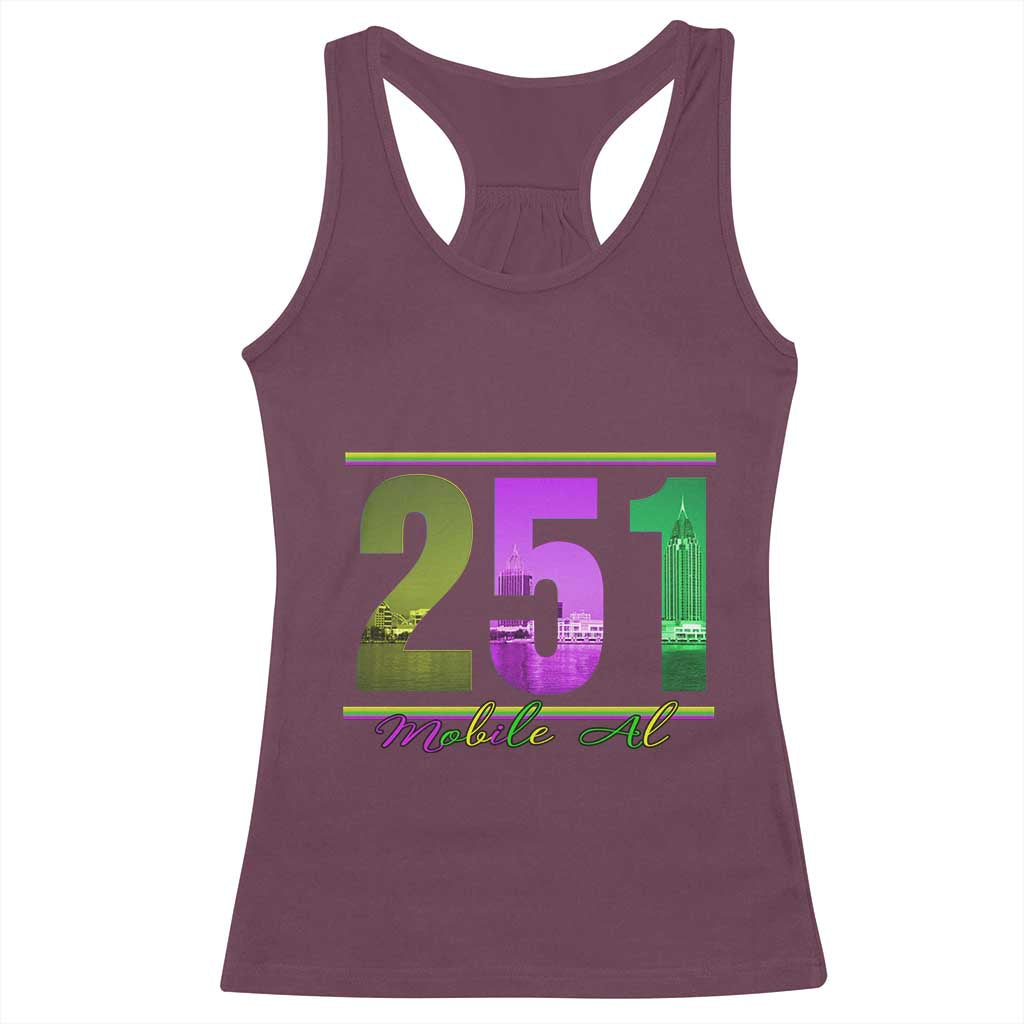 Funny Mardi Gras In Mobile Alabama 251 Racerback Tank Top Skyline Area Code TS11 Maroon Print Your Wear