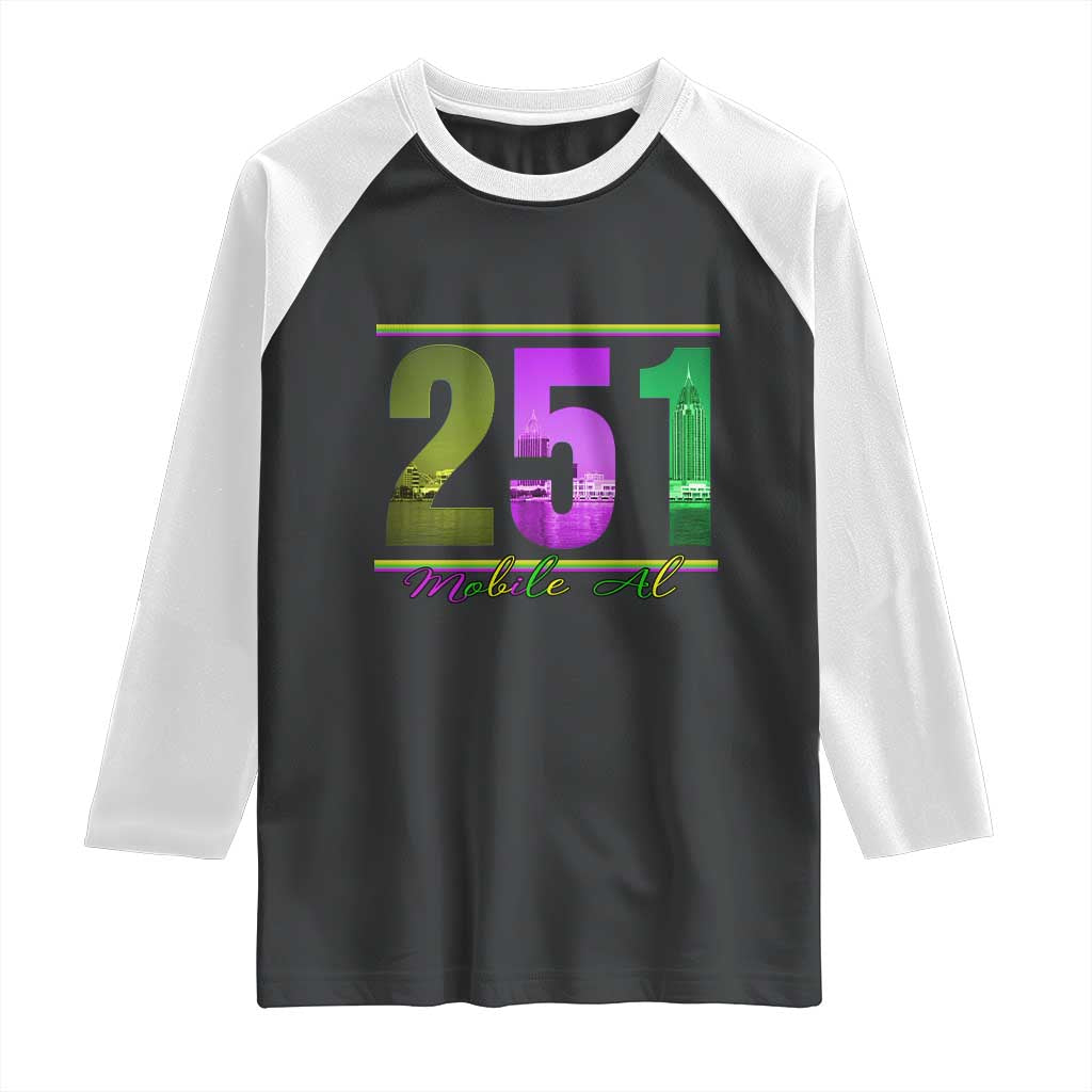 Funny Mardi Gras In Mobile Alabama 251 Raglan Shirt Skyline Area Code TS11 Black White Print Your Wear