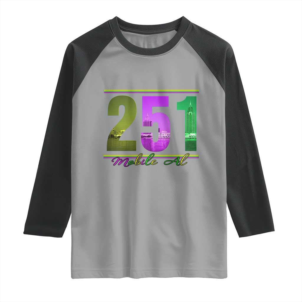 Funny Mardi Gras In Mobile Alabama 251 Raglan Shirt Skyline Area Code TS11 Sport Gray Black Print Your Wear