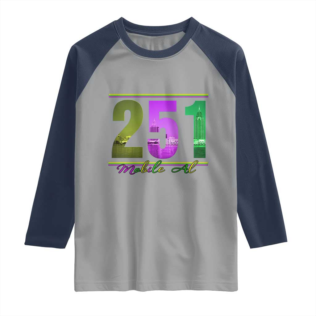 Funny Mardi Gras In Mobile Alabama 251 Raglan Shirt Skyline Area Code TS11 Sport Gray Navy Print Your Wear