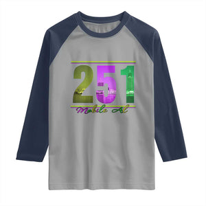 Funny Mardi Gras In Mobile Alabama 251 Raglan Shirt Skyline Area Code TS11 Sport Gray Navy Print Your Wear