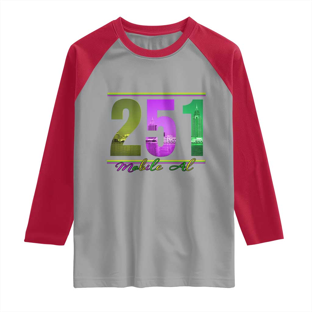 Funny Mardi Gras In Mobile Alabama 251 Raglan Shirt Skyline Area Code TS11 Sport Gray Red Print Your Wear