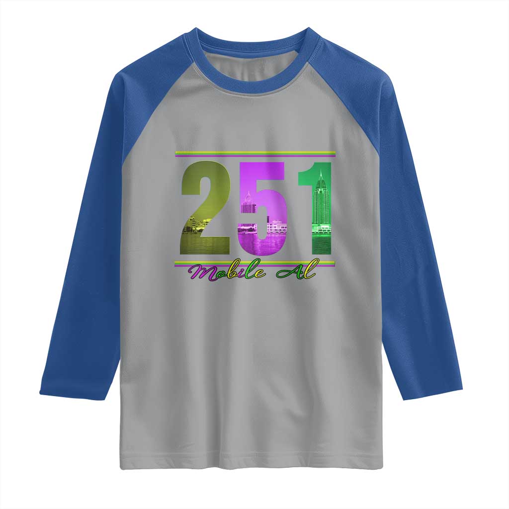 Funny Mardi Gras In Mobile Alabama 251 Raglan Shirt Skyline Area Code TS11 Sport Gray Royal Print Your Wear
