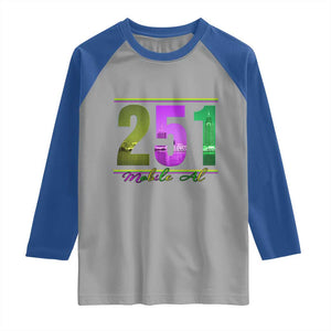 Funny Mardi Gras In Mobile Alabama 251 Raglan Shirt Skyline Area Code TS11 Sport Gray Royal Print Your Wear