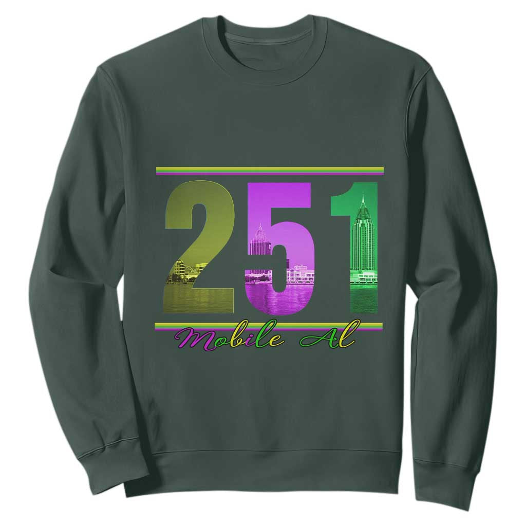 Funny Mardi Gras In Mobile Alabama 251 Sweatshirt Skyline Area Code TS11 Dark Forest Green Print Your Wear