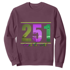 Funny Mardi Gras In Mobile Alabama 251 Sweatshirt Skyline Area Code TS11 Maroon Print Your Wear