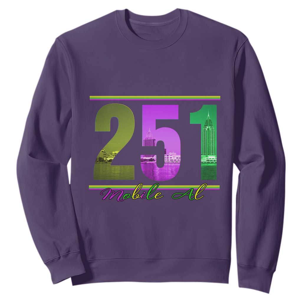 Funny Mardi Gras In Mobile Alabama 251 Sweatshirt Skyline Area Code TS11 Purple Print Your Wear