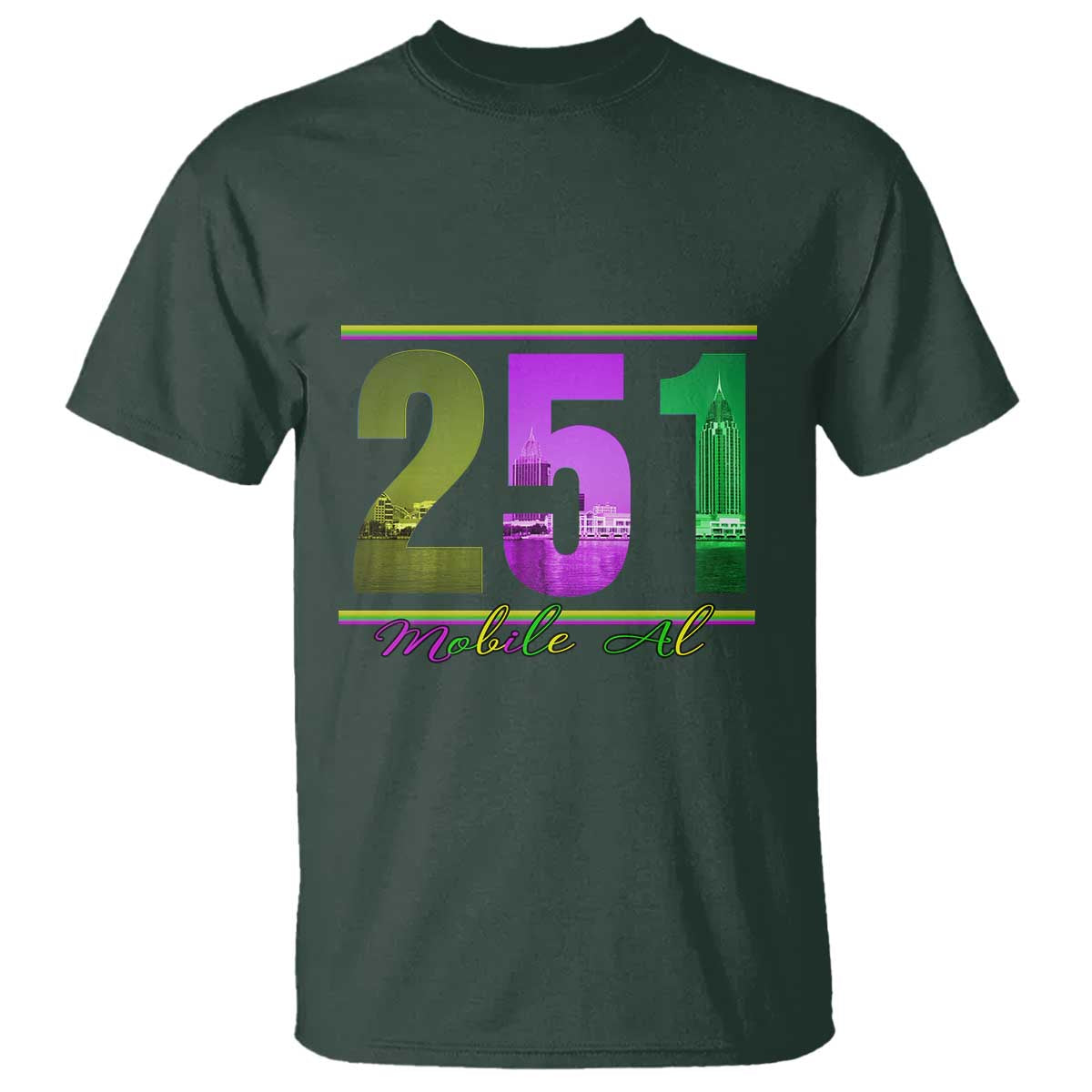 Funny Mardi Gras In Mobile Alabama 251 T Shirt Skyline Area Code TS11 Dark Forest Green Print Your Wear