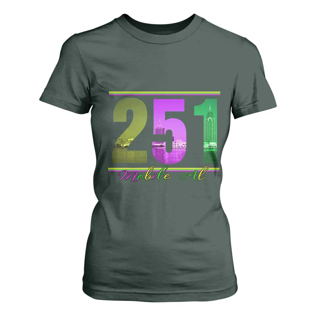 Funny Mardi Gras In Mobile Alabama 251 T Shirt For Women Skyline Area Code TS11 Dark Forest Green Print Your Wear