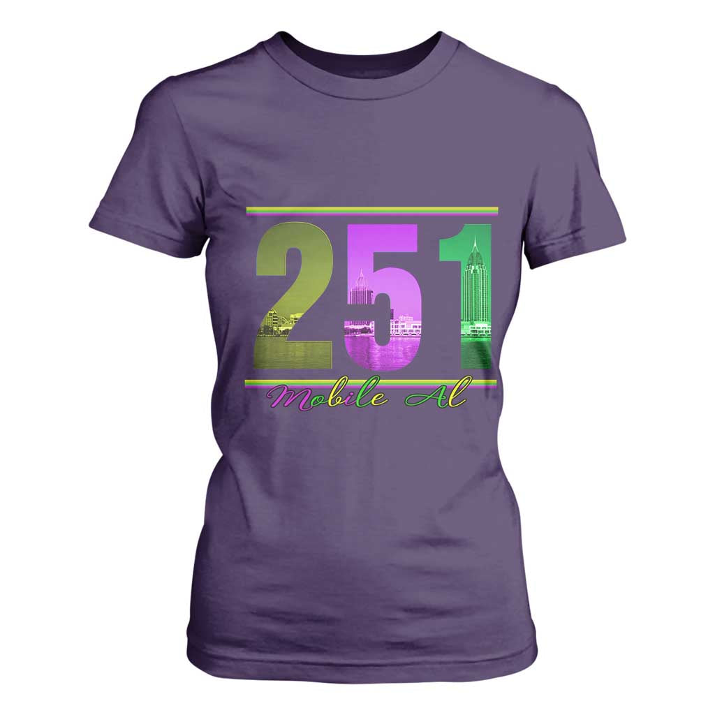 Funny Mardi Gras In Mobile Alabama 251 T Shirt For Women Skyline Area Code TS11 Purple Print Your Wear