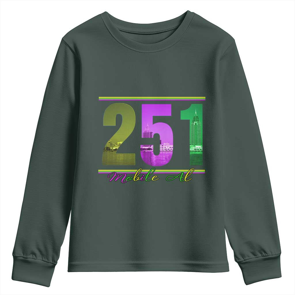 Funny Mardi Gras In Mobile Alabama 251 Youth Sweatshirt Skyline Area Code TS11 Dark Forest Green Print Your Wear