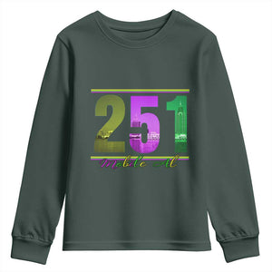 Funny Mardi Gras In Mobile Alabama 251 Youth Sweatshirt Skyline Area Code TS11 Dark Forest Green Print Your Wear