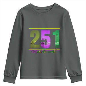 Funny Mardi Gras In Mobile Alabama 251 Youth Sweatshirt Skyline Area Code TS11 Dark Heather Print Your Wear