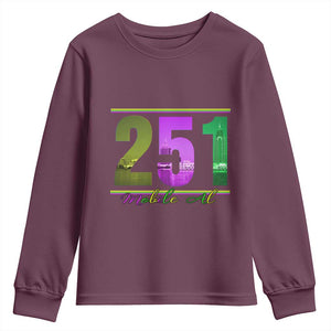 Funny Mardi Gras In Mobile Alabama 251 Youth Sweatshirt Skyline Area Code TS11 Maroon Print Your Wear