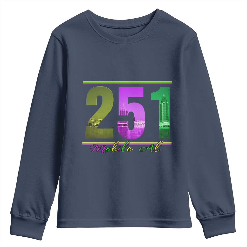 Funny Mardi Gras In Mobile Alabama 251 Youth Sweatshirt Skyline Area Code TS11 Navy Print Your Wear