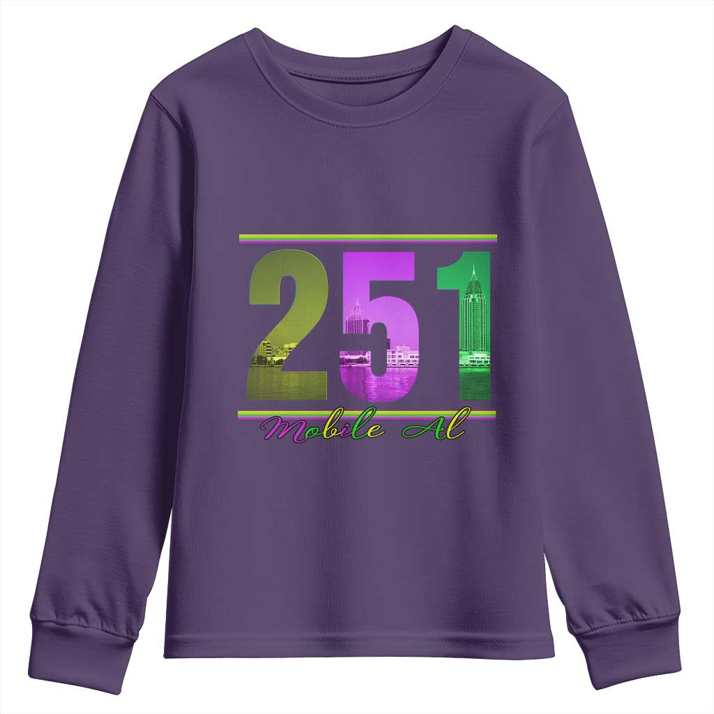 Funny Mardi Gras In Mobile Alabama 251 Youth Sweatshirt Skyline Area Code TS11 Purple Print Your Wear