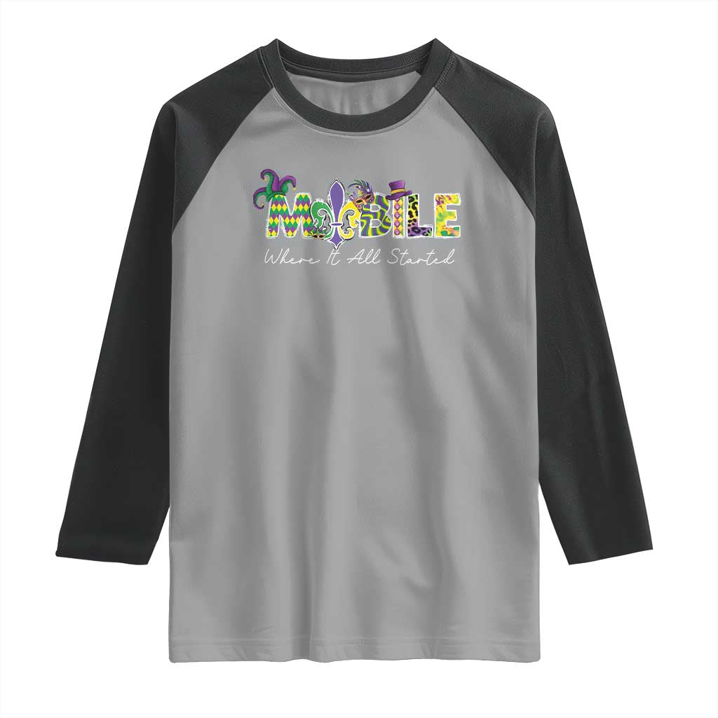 Funny Mardi Gras In Mobile Alabama Raglan Shirt Mobile Where It All Started Jester Hat Fleur De Lis TS11 Sport Gray Black Print Your Wear